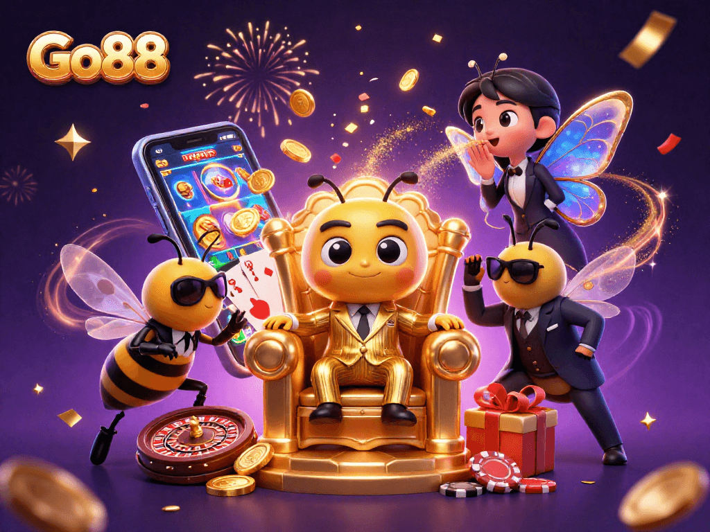 Play thrilling slots with Go88 in a vibrant 3D cartoon scene filled with casino excitement.
