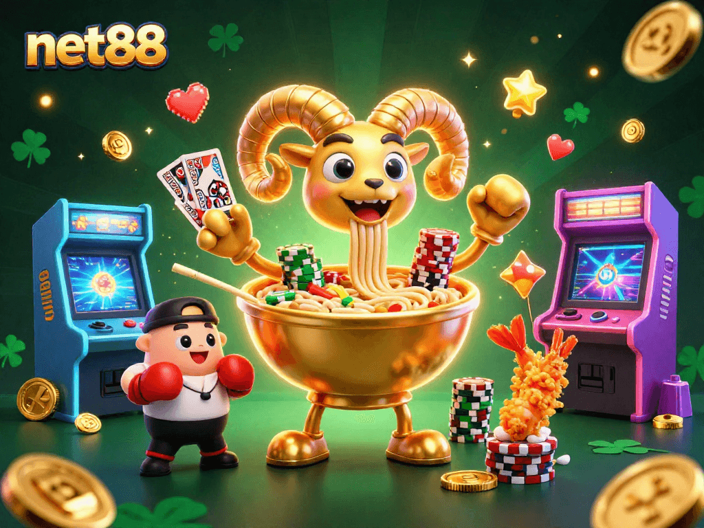 Engage with net88's fun gameplay featuring a golden ramen bowl character and dynamic casino elements in vibrant colors.