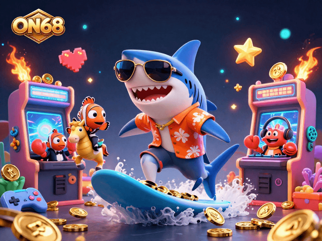 Engage with ON68's thrilling gold coin wave surfing adventure featuring vibrant sea characters.