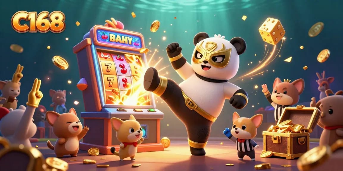 C168 showcases an exciting scene with a panda wrestler and confetti-filled celebrations in a dynamic casino environment.