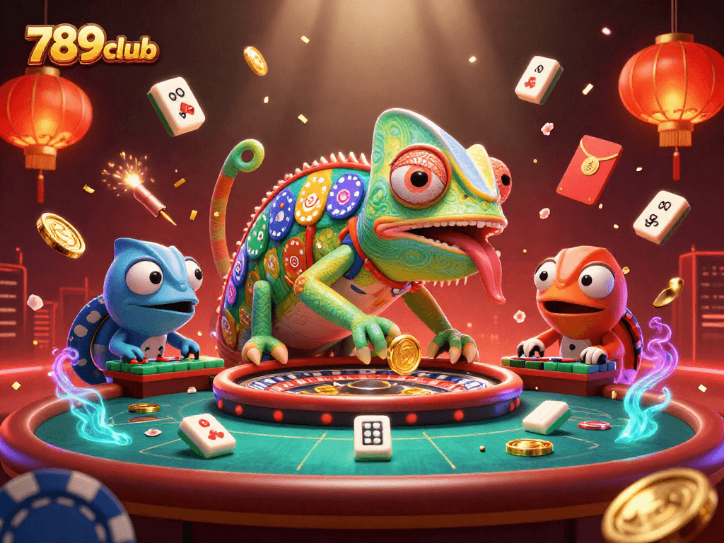 Engage in exciting gaming at 789club with a vibrant casino scene featuring a playful chameleon.