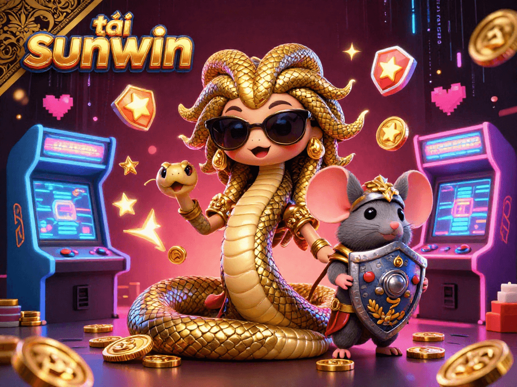 Play tải sunwin with a vibrant 3D casino illustration featuring a friendly Medusa and arcade game elements.