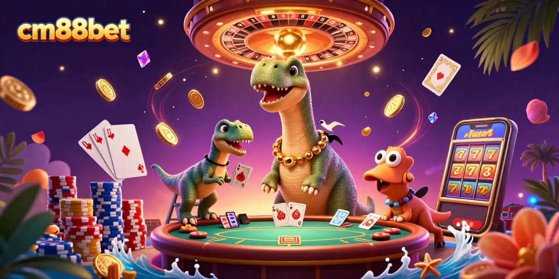 Engage with the excitement of cm88bet as a brontosaurus oversees a lively casino scene filled with games and treasure.