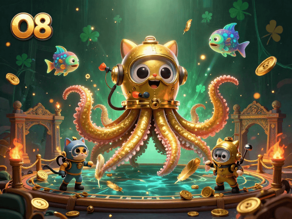 Experience thrilling O8 gaming action with a kraken, diving cat, and vibrant casino elements