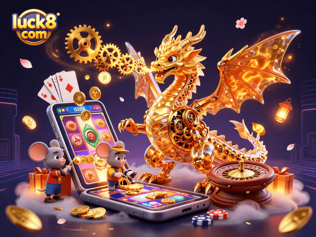 Experience thrilling gameplay at luck8 com, featuring a golden dragon breathing gears and surrounded by colorful casino elements.