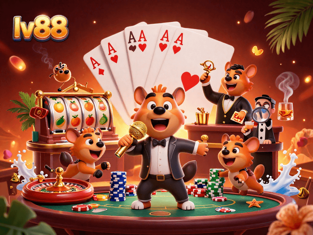 Experience the fun at lv88 casino with a lively hyena comedy club scene, showcasing humor and gaming.