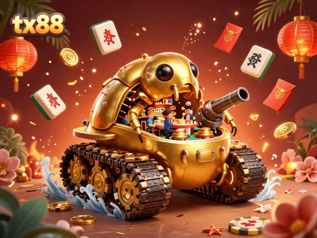 Engage with the tx88 casino adventure featuring a golden beetle tank and vibrant gaming elements spinning.