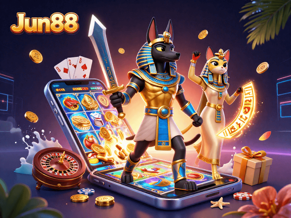 Experience thrilling gameplay at Jun88 with Anubis and Bastet amidst exciting 3D casino elements.
