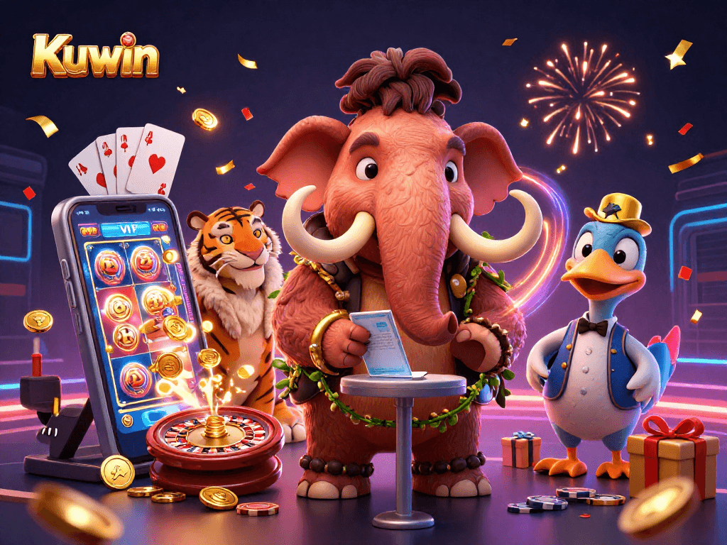 Kuwin casino's vibrant scene with a woolly mammoth bouncer, saber-tooth guest, and dodo doorman amidst slot games.