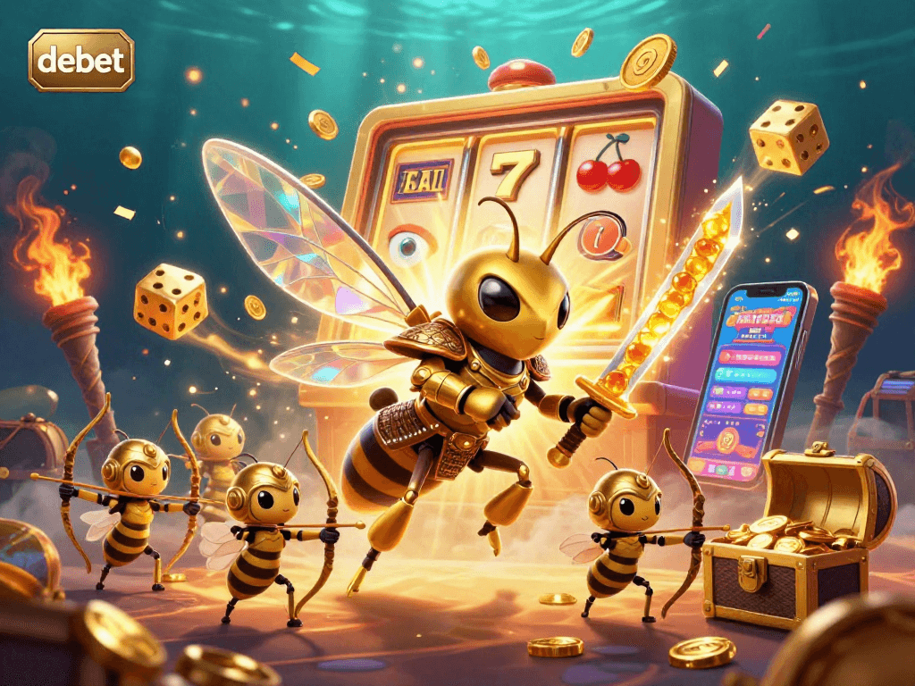 Experience the thrilling action at debet with a dynamic scene featuring a golden hornet alongside a jackpot slot machine.