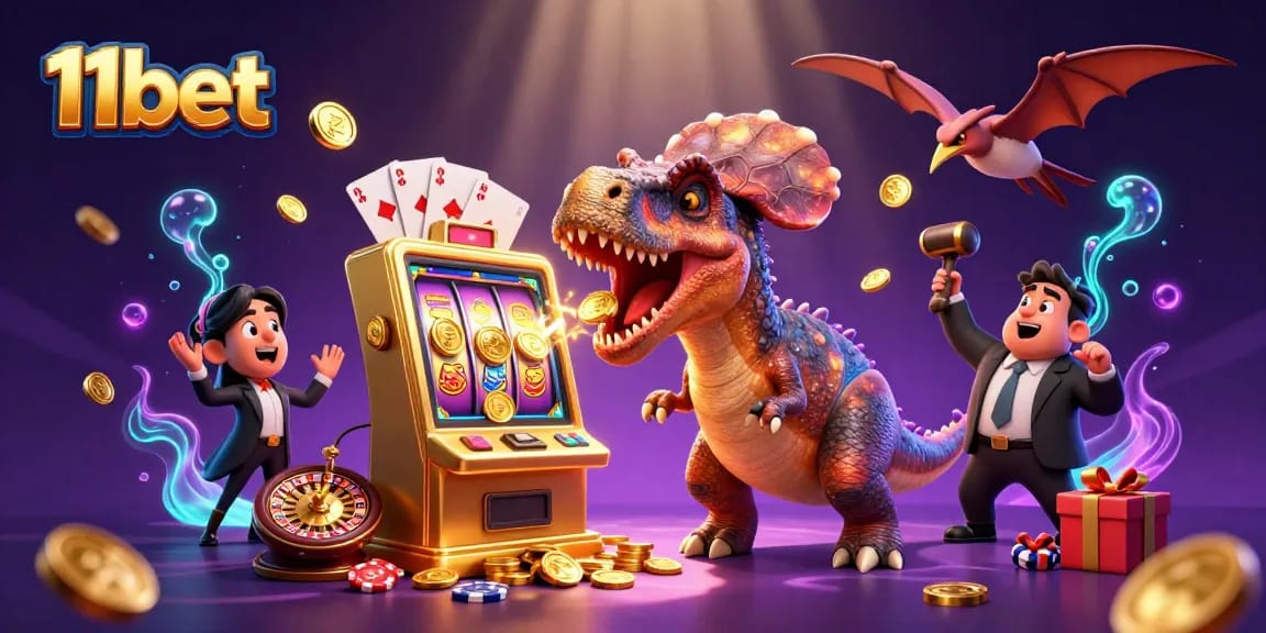 11bet illuminates thrilling slot gameplay with 3D dinosaurs, jackpot coins, and vibrant casino elements.