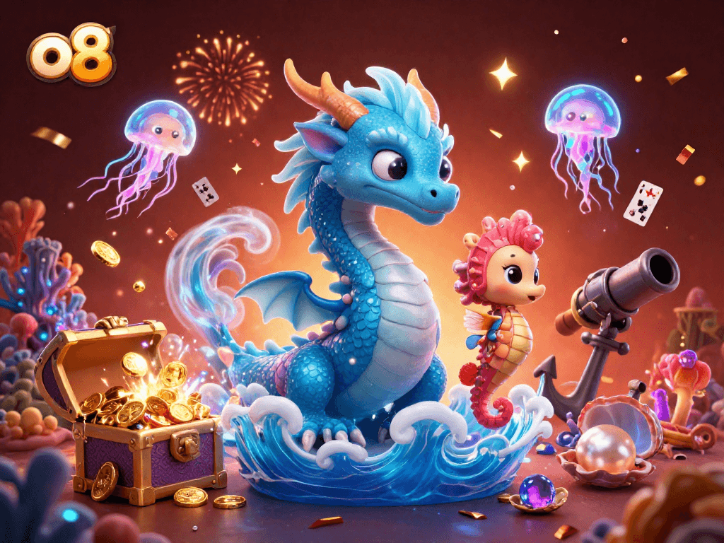 Experience the thrill of o8 with a vibrant underwater casino scene featuring a water dragon and seahorse as they celebrate winning.