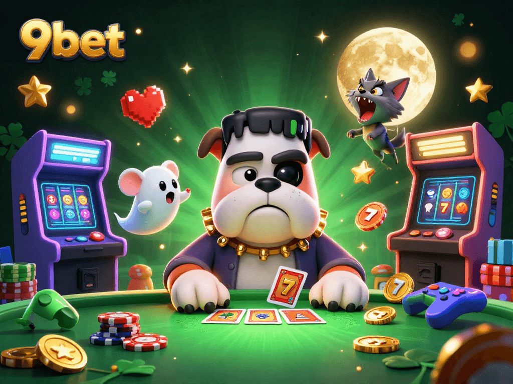 9bet showcases thrilling card dealing action with a spooky Frankenstein bulldog, ghost mouse, and werewolf kitten.