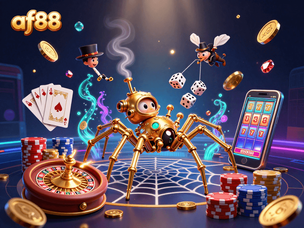 Explore the exhilarating world of af88 with an intricate scene of a steampunk spider capturing dice, showcasing vibrant casino elements.