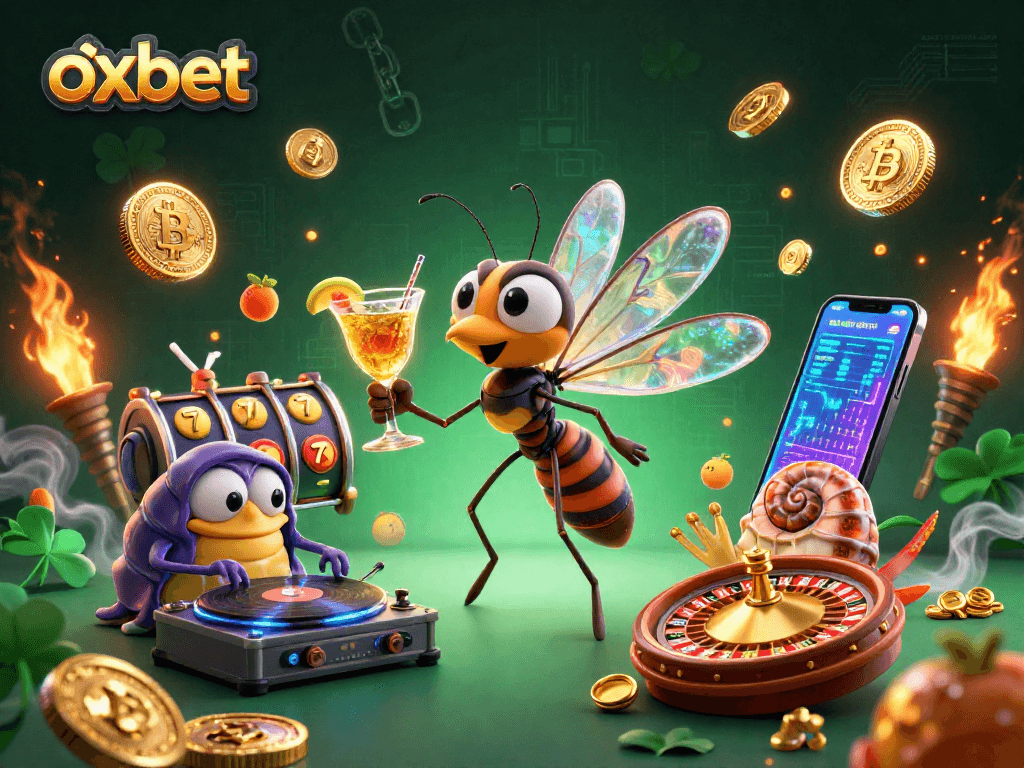 Experience oxbet's unique casino energy with vibrant characters, Bitcoin coins, and dynamic gaming elements.