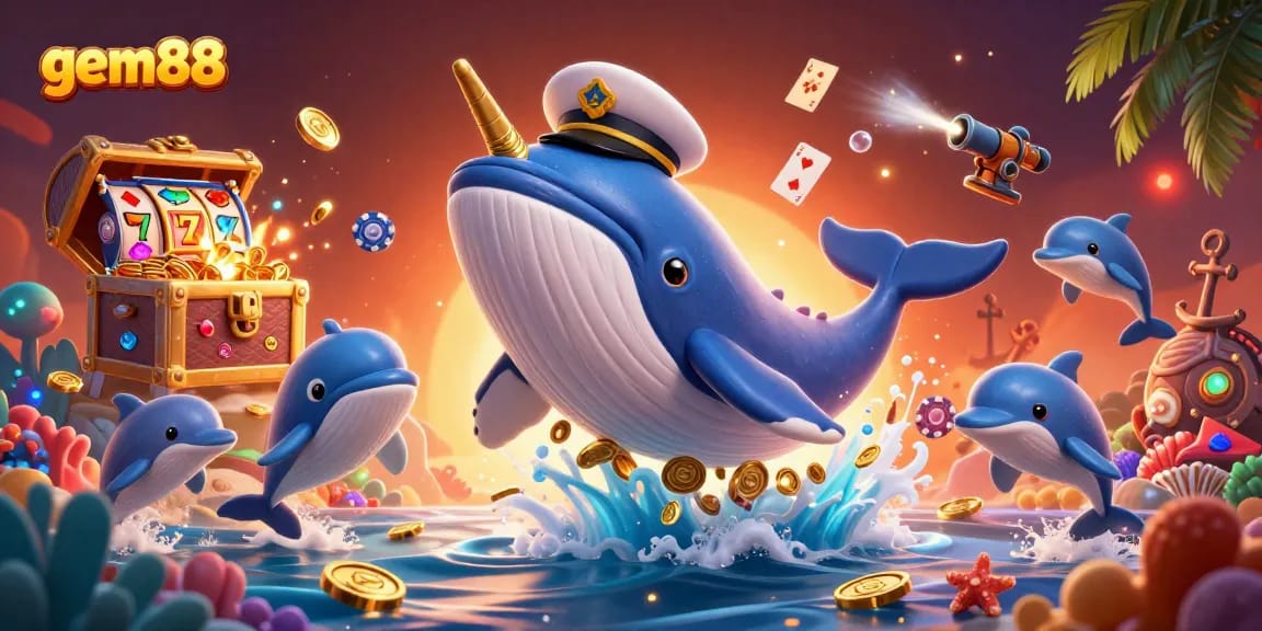 Experience the thrill of gem88 with a vibrant 3D cartoon scene featuring whales, dolphins, and treasures.