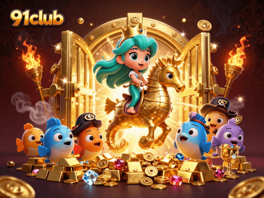 Join the excitement at 91club with this vibrant 3D illustration showcasing thrilling casino adventures and treasures.