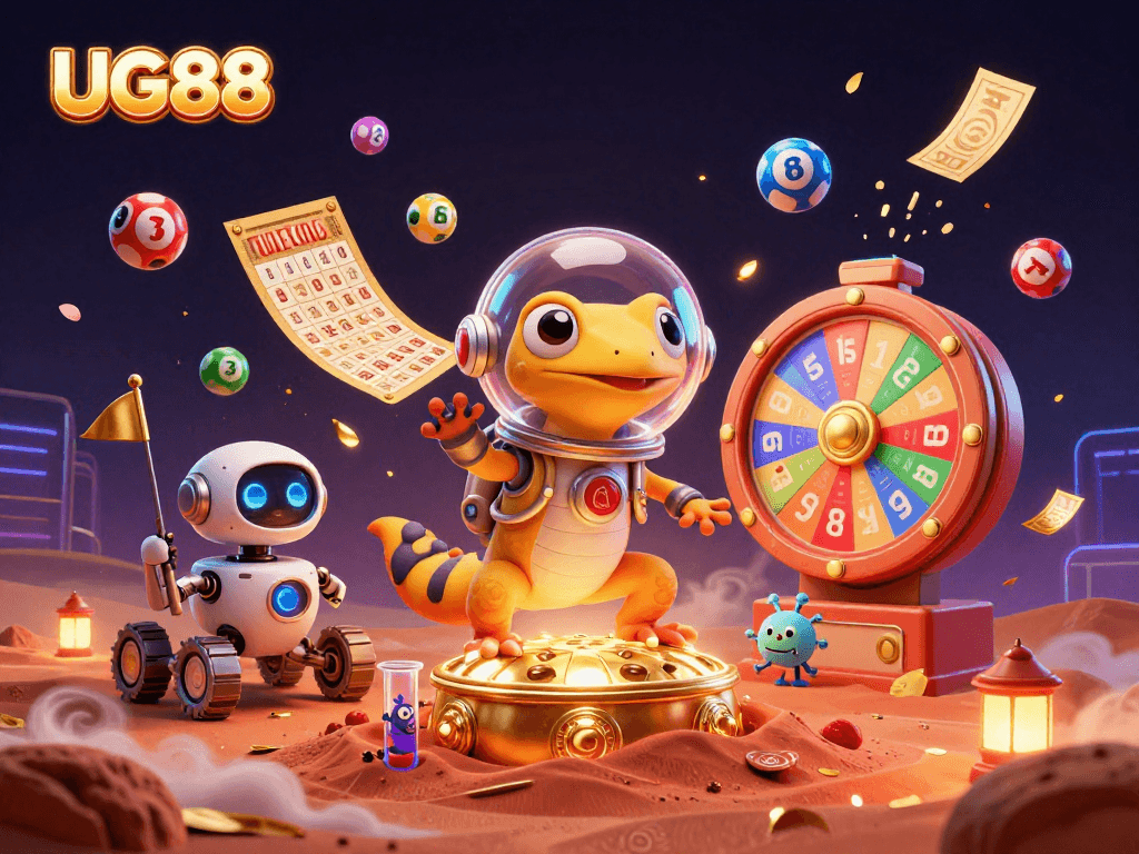 Experience the excitement of gambling with UG88 in a 3D Martian casino scene.