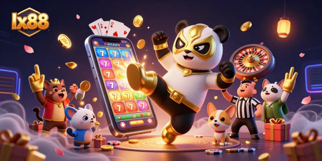 Experience lx88 excitement as a wrestling panda performs a flying kick amid lively casino elements.