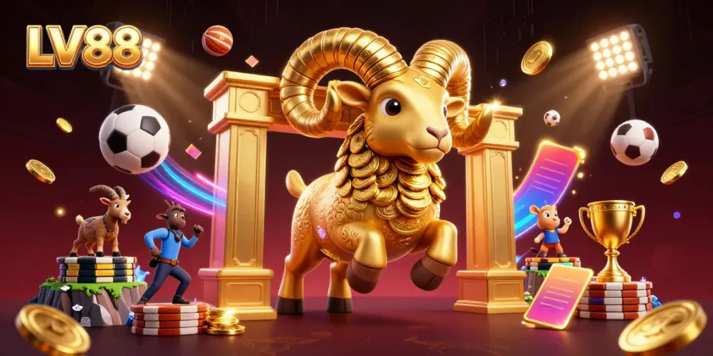 Experience thrilling gaming action at LV88 with a massive golden ram charging towards fortune gates amidst sports elements.
