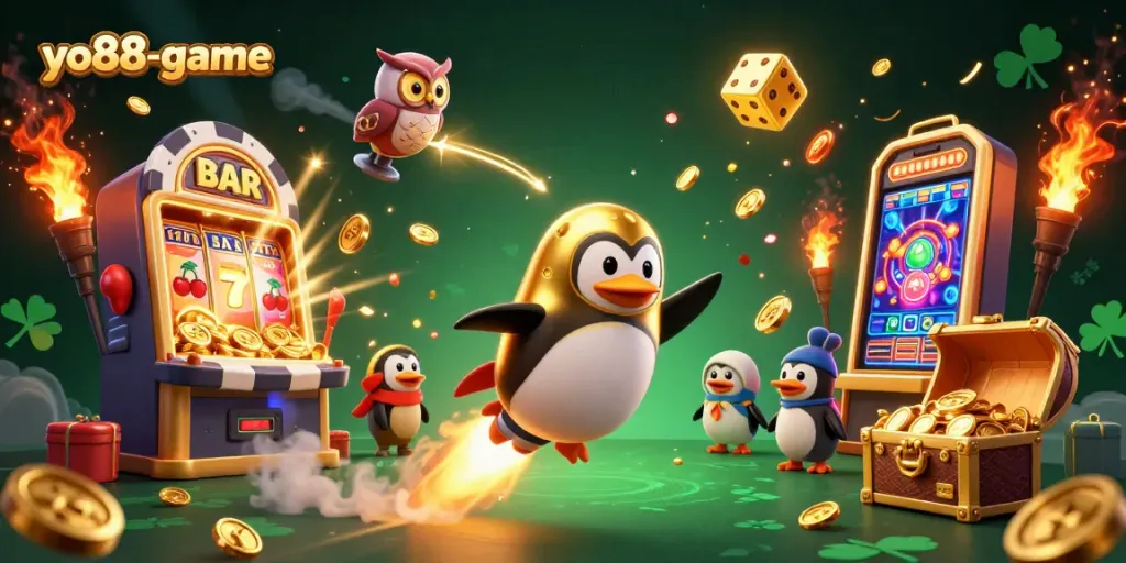 Experience excitement at yo88-game with a golden penguin racing toward a casino jackpot!