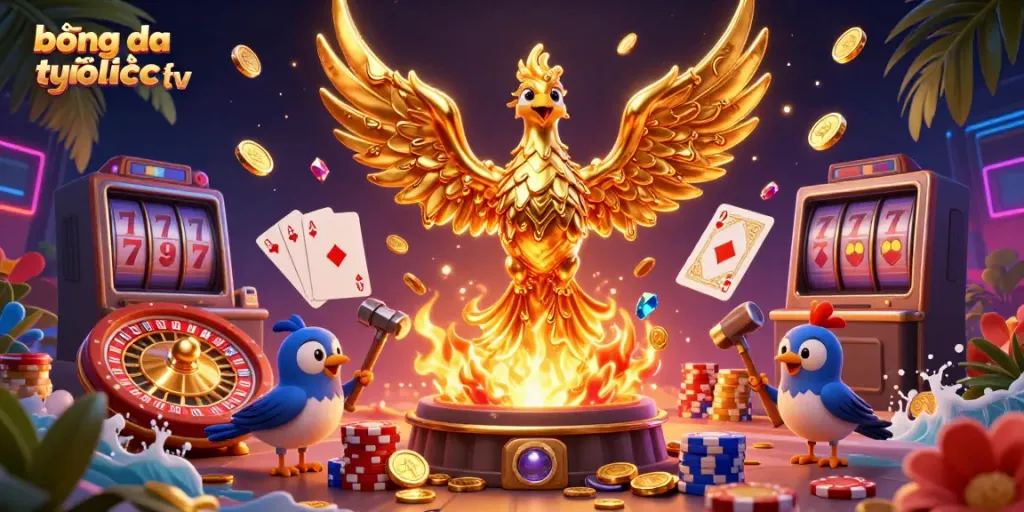 Bet on bóng đá trực tuyến xoilac tv with a golden phoenix amidst a bustling digital casino atmosphere.