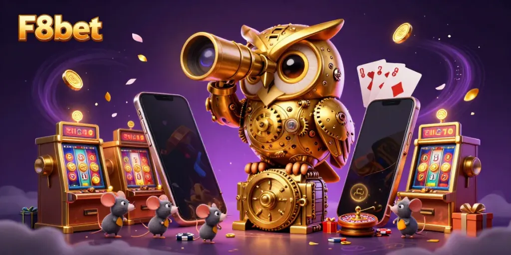 Experience F8bet's casino excitement with a whimsical clockwork owl and vibrant game elements.