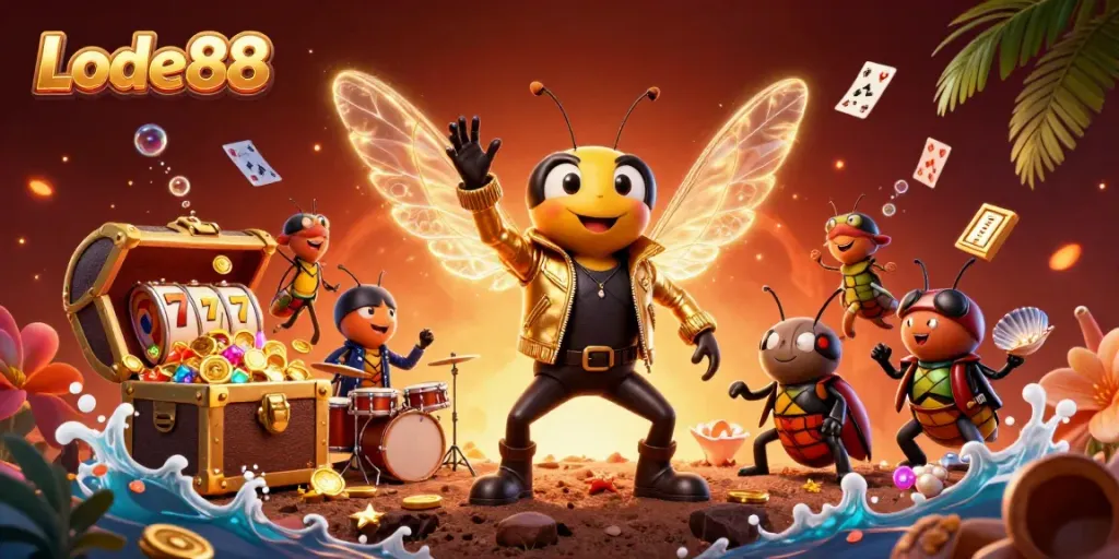 Lode88's vibrant casino scene features a rock star cicada amidst slot reels and treasure.
