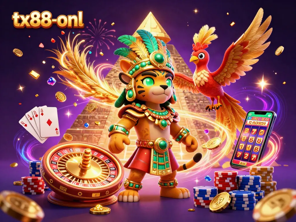 Experience the excitement of gambling at tx88-onl with vibrant casino elements like coins, cards, and spinning wheels.