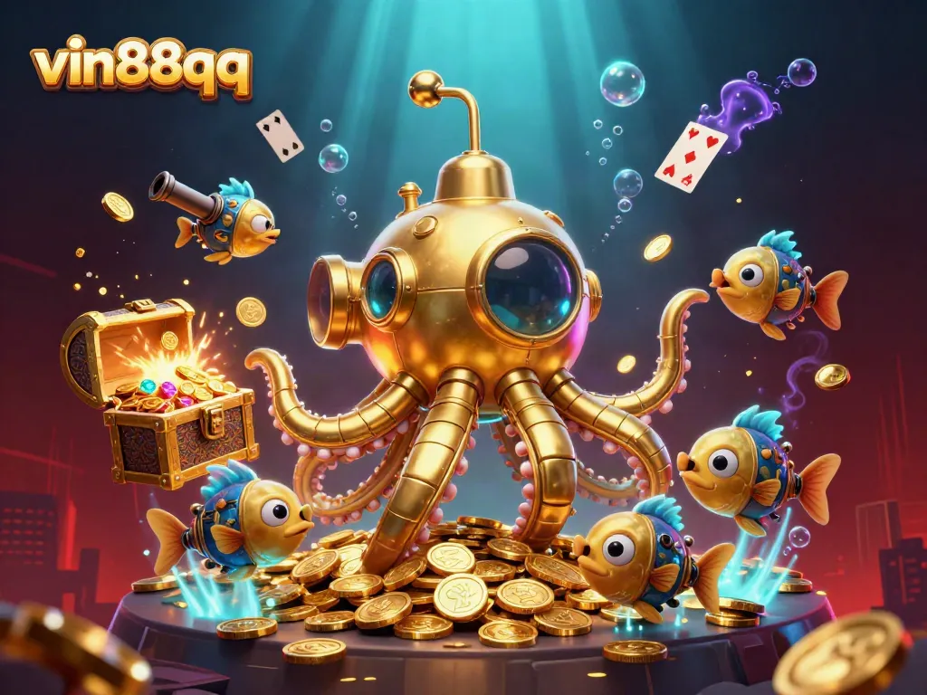 Experience thrilling gameplay at vin88qq, featuring a vibrant 3D illustration with golden kraken and treasure elements.
