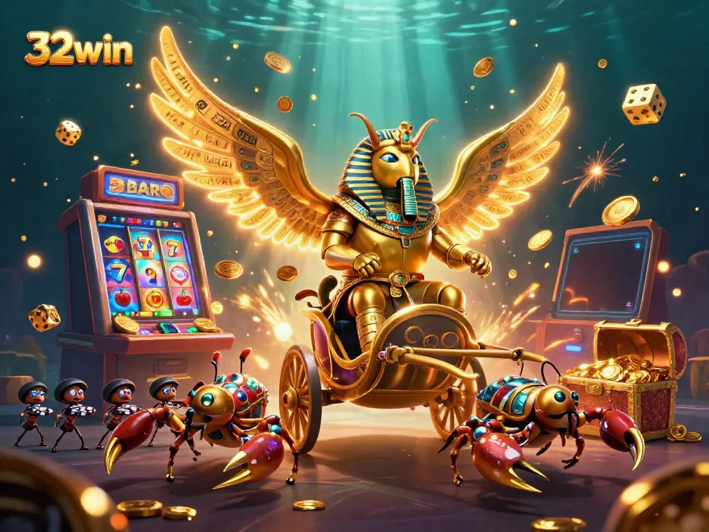Experience thrilling wins at 32win with a vibrant pharaoh-themed casino adventure featuring a golden scarab and jackpot illustrations.