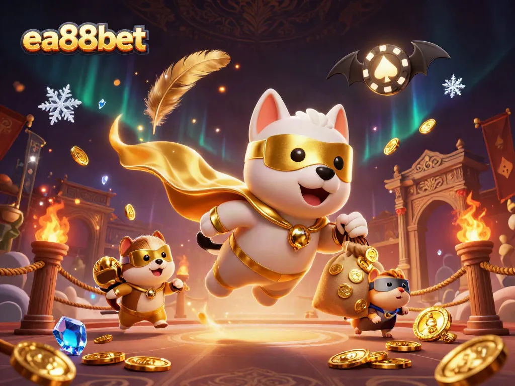 Win big at ea88bet with a thrilling 3D illustration of a superhero dog and a hamster on a gambling adventure.