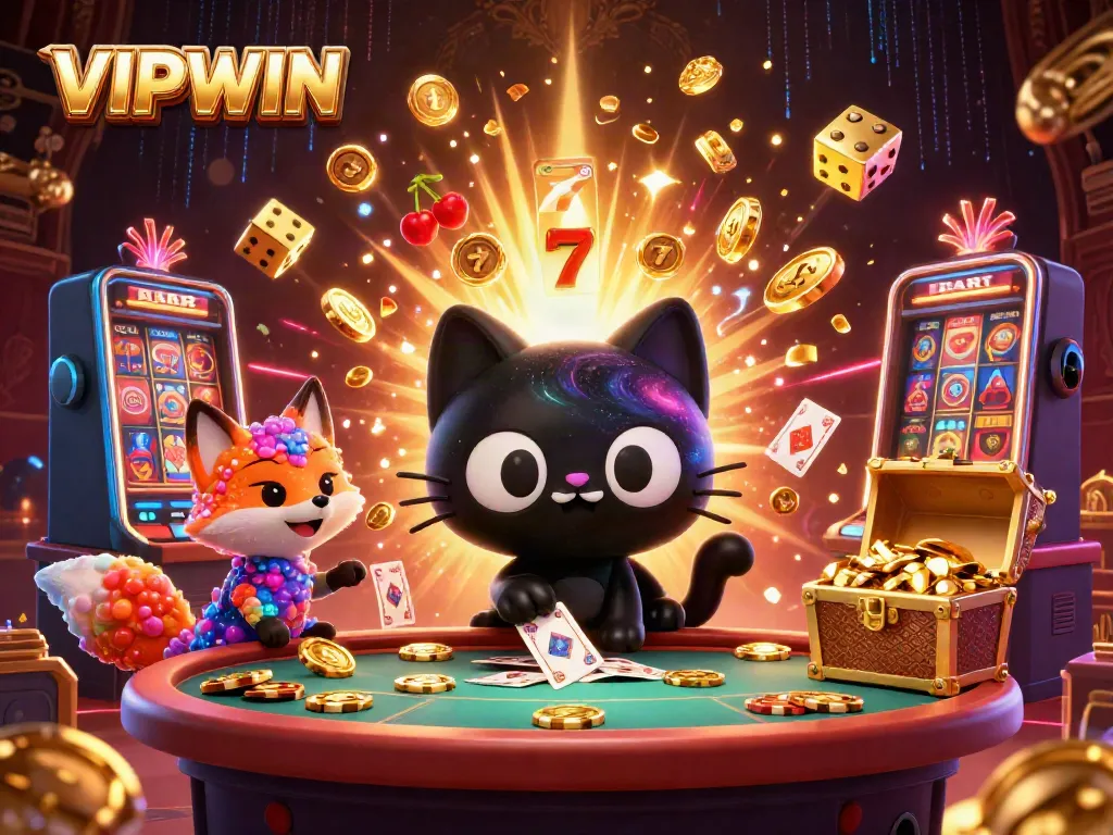 Experience thrilling wins at VIPWIN with a cosmic casino scene bursting with jackpots and vibrant characters.
