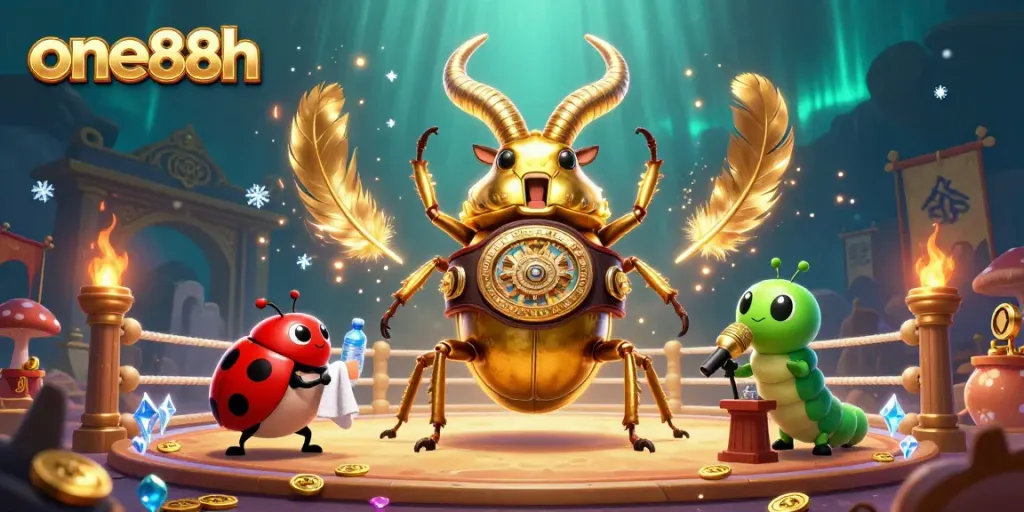 Join the excitement at one88h as a giant golden stag beetle faces off against challenge with vibrant gambling elements!