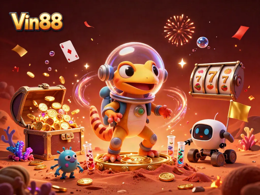 Win big at Vin88 with a Martian gecko exploring a golden casino adventure in vibrant 3D.