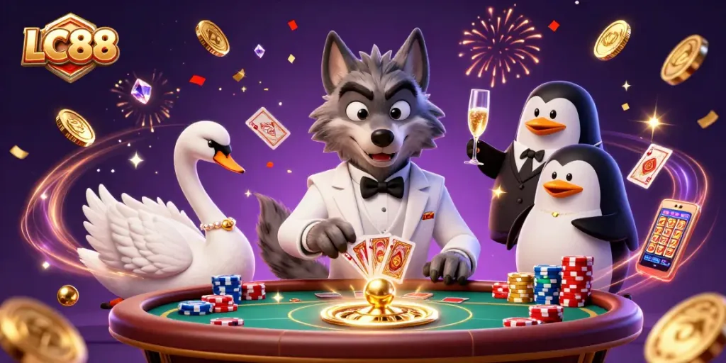 LC88 gaming scene featuring stylish characters around a baccarat table with vibrant casino elements.