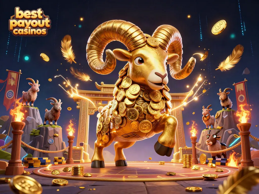 Engage with the best payout casinos as a golden ram charges through an ornate temple gate, surrounded by vibrant gaming elements.