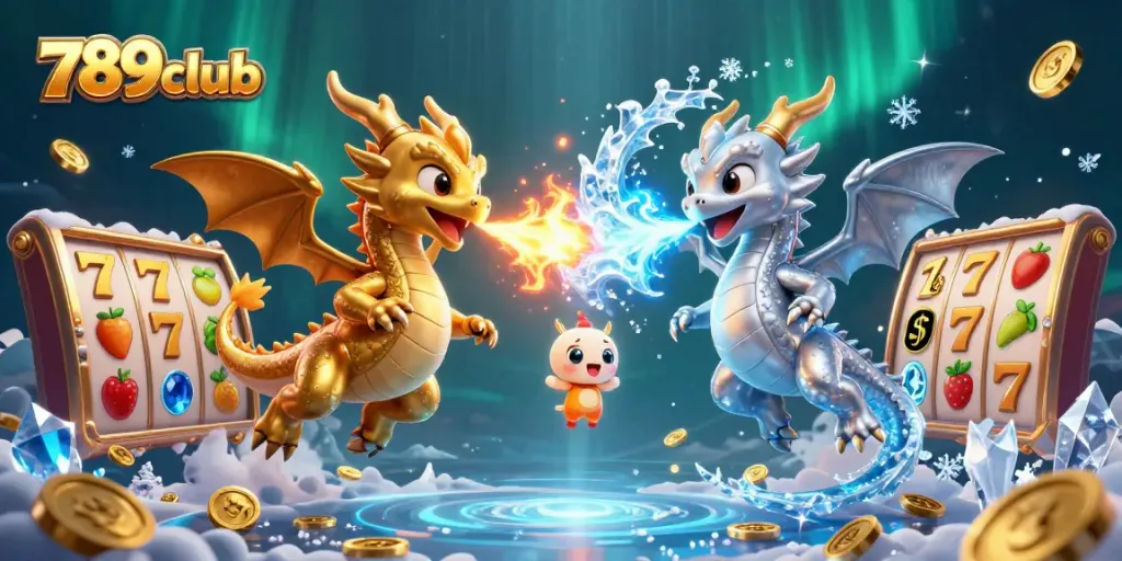 Experience thrilling gaming with 789club in this vibrant 3D illustration showcasing dragons and casino elements.