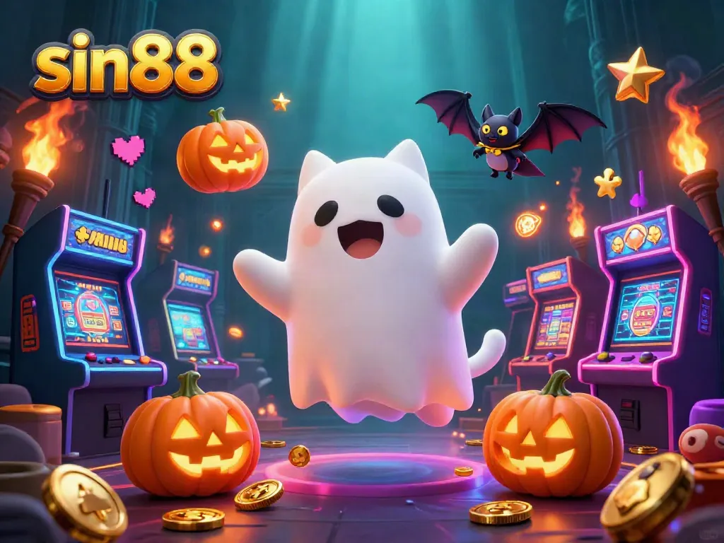 Engage in thrilling gaming at sin88's haunted casino, with a ghost cat and bat amidst glowing arcade elements.
