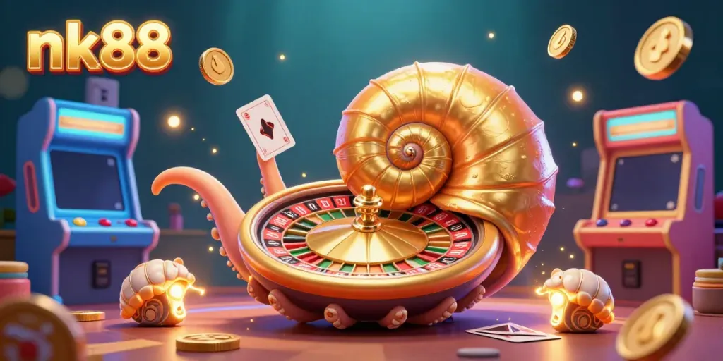 Experience nk88's vibrant casino scene with a giant nautilus and glowing game companions in action.