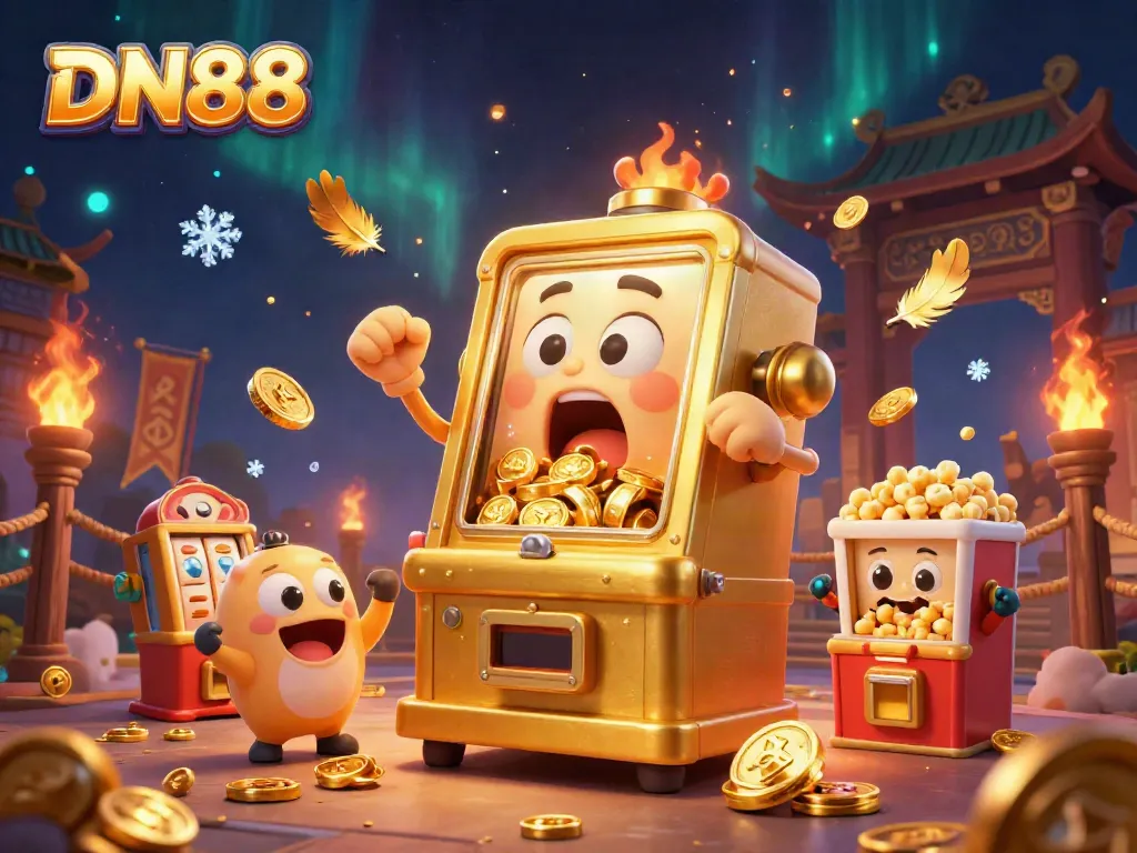 Experience the thrill at DN88 with a vibrant jackpot celebration as golden slot machines pour coins and excitement fills the air.