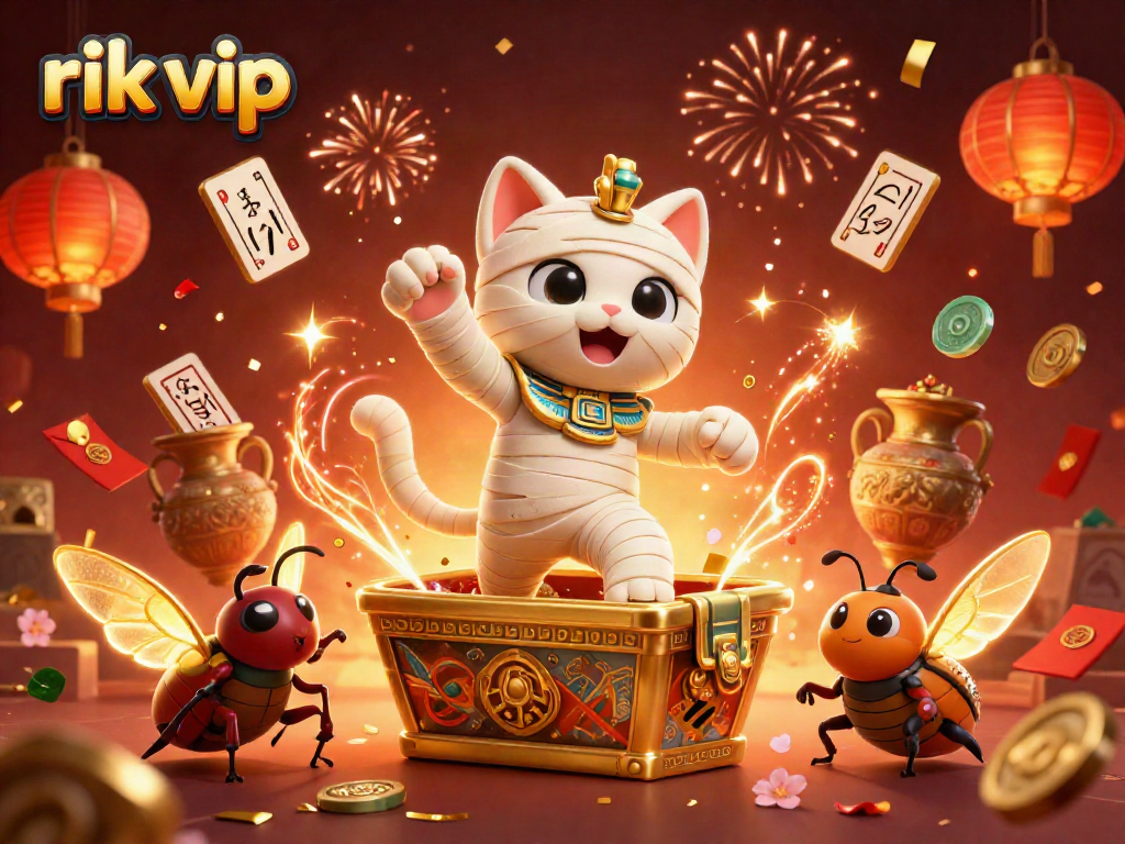 Engage with rik vip in an exciting 3D casino world filled with winning symbols and festive elements.