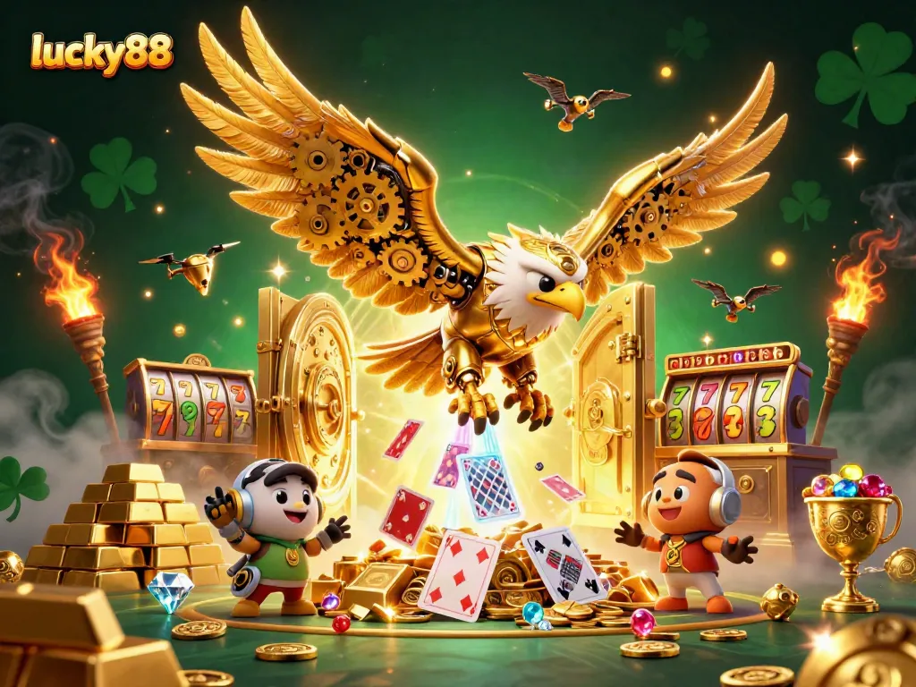 Win big with lucky88 as the golden eagle dives amid thrilling slot reels and vibrant treasures.