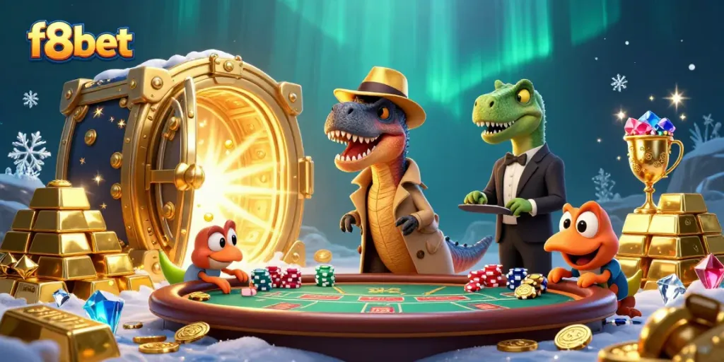 Place bets with excitement at f8bet's vibrant casino scene featuring playful dinosaurs.