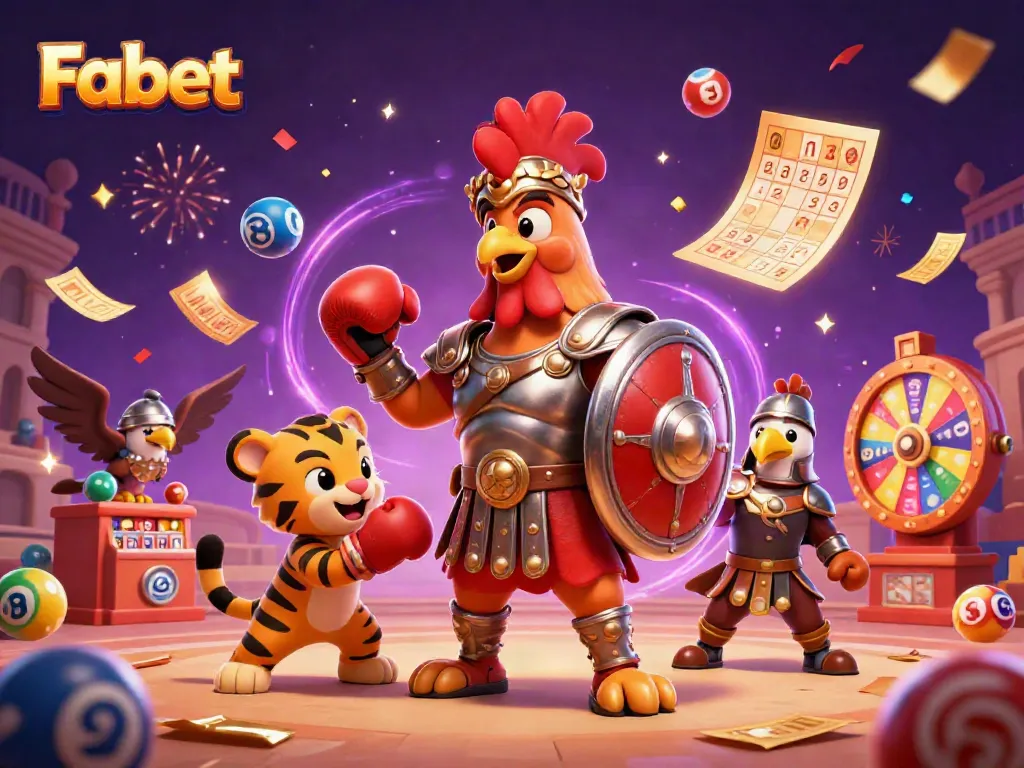 Experience thrilling casino action with Fabet's spirited rooster gladiator, surrounded by dynamic lottery elements.