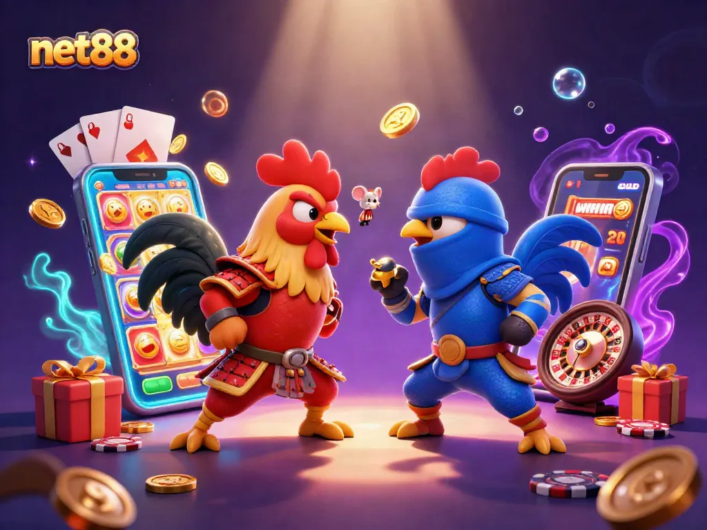 Bettors engage in thrilling action with net88's vibrant gambling scene featuring dynamic roosters and exciting casino elements.