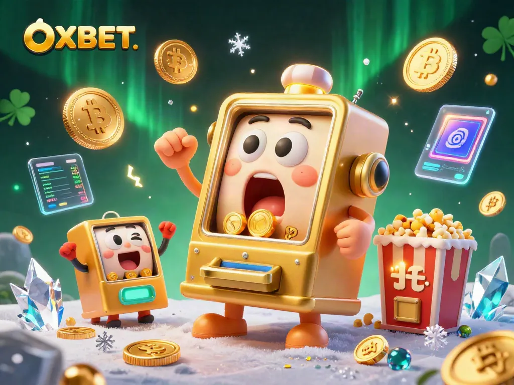 Cheerful OXBET slot machine celebrating a jackpot with vibrant crypto and casino elements.