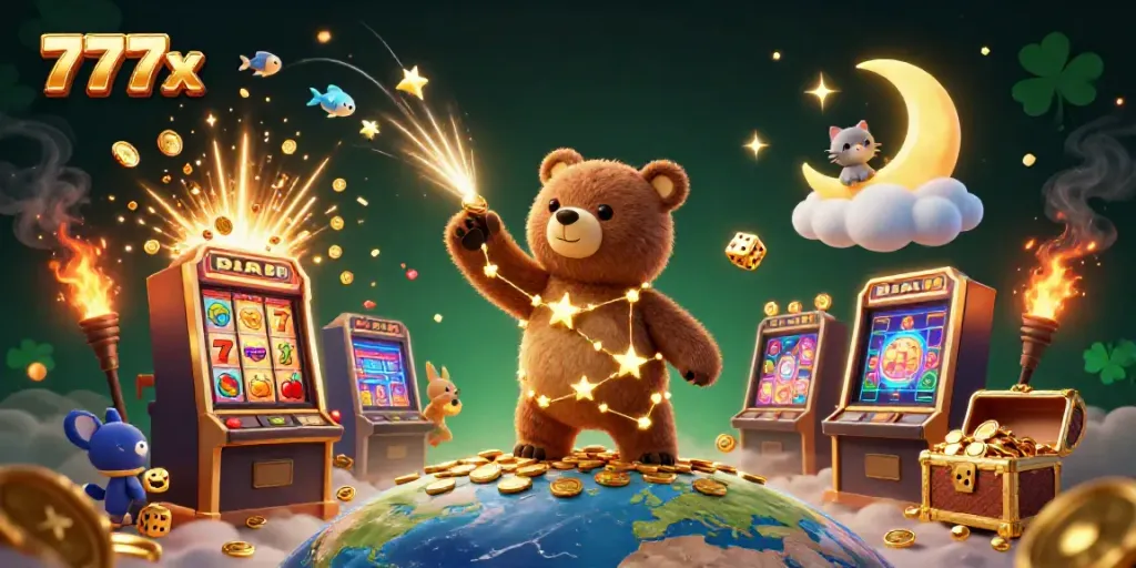 Experience thrilling wins at 777x with a vibrant casino scene full of jackpots, constellations, and fun.