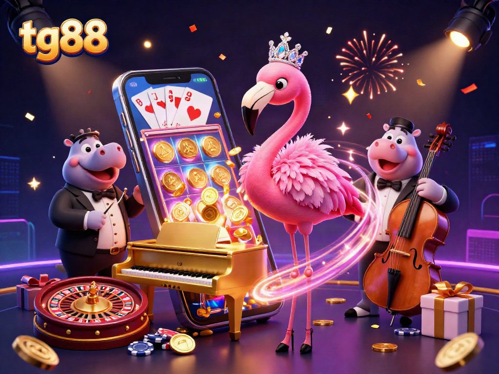 Spin slot games with tg88 in a vibrant 3D casino scene featuring a flamingo singer and hippo bassist.