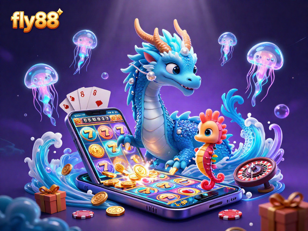 Engage with captivating slot action at fly88 featuring a vibrant underwater casino scene.
